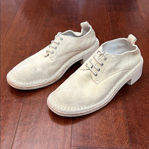 Marsell Shoes - Women’s Marsell Cream Suede Lace-Up Shoes, Whitewash Stacked Heels, Size 9